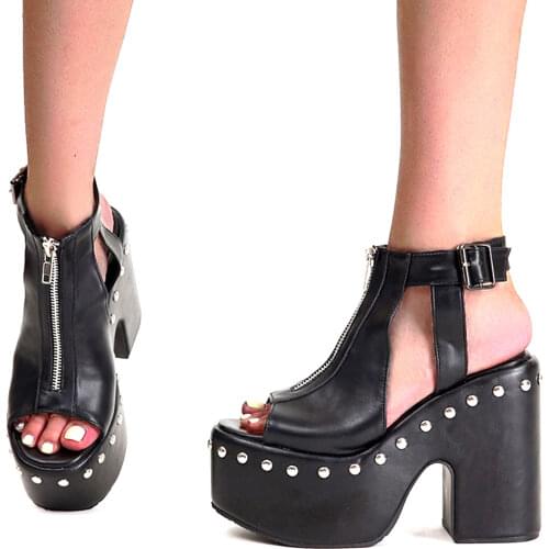 Brand 2021 Big Size 43 Square High Heel Black Gothic Style Cool Front Zipper Summer Platform Sandals Women Shoes