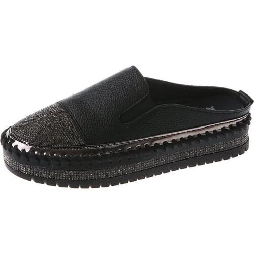 Womens Close Round Toe Slippers Crystal Decor Simple Design Leisure Comfy Thick Sole All Match Casual Slippers