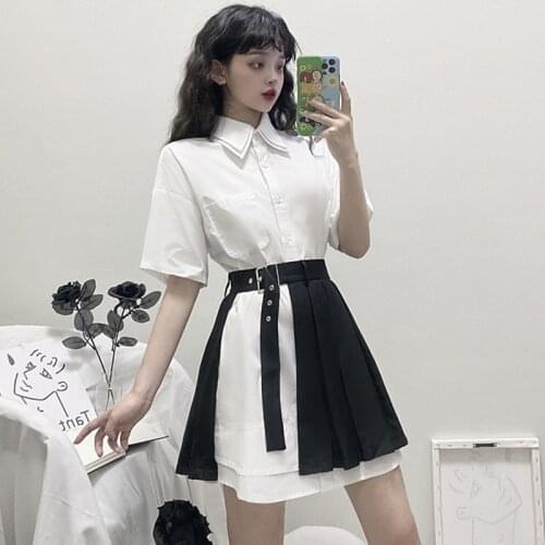 JMPRS Gothic Women Two Piece Set Elegant White Long Shirt Short Sleeve Summer Tops High Waist Irregular Pleated Mini Skirt Suit