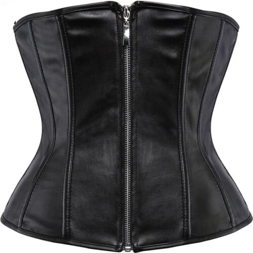 Women Sexy Corset with Zipper Underbust Waist Slimming Faux Leather Pu Lingerie Black Gothic Punk Costumes Fashion Burlesque