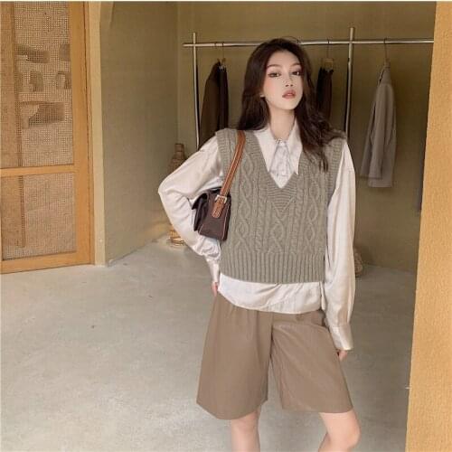 Vintage Solid Twist Vest For Women Korean Casual V-Neck Sleeveless Sweaters +Solid Long Sleeve Blouse + Short Leather Short 2020