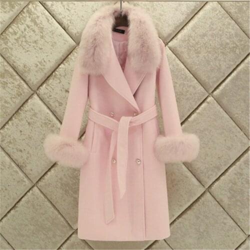 2021 Women Woolen Coat Winter Slim Solid Pocket Double-Breasted Big Fur Collar Thick Warm Female Outwear Fashion Long Abrigos