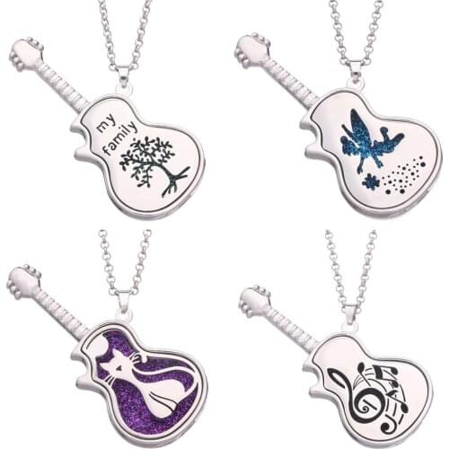 1Pc Guitar Music Butterfly Tree Pattern Aromatherapy Open Perfume Essential Oils Locket Pendant Necklaces Jewelry