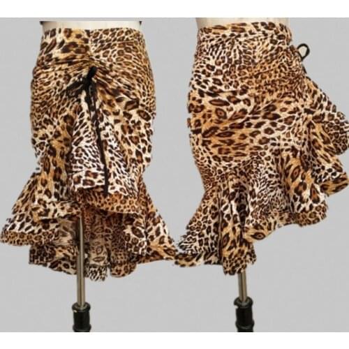 Ballroom Dance Asymmetrical Ruffle Mermaid Leopard Print Classic Latin Dance Practice Wear Samba Salsa Chacha Tango Rumba Skirt