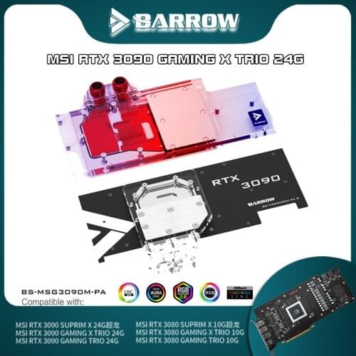 Barrow GPU Water Block For MSI RTX 3090/3080 GAMING X TRIO ,Full Cover 5v ARGB GPU Cooler, Motherboard AURA SYNC BS-MSG3090M-PA