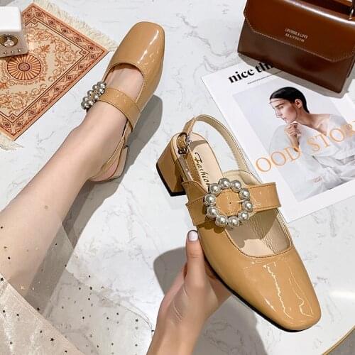 2021Ladies Elegant Pearl Buckle Square High Heel Sandals Vintage Square Toe Leather Sandals Women Fashion Mary Jane Shoes Ladies
