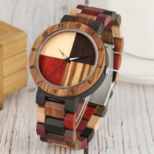 Fashion Watch Mens Watch Unique Mixed Color Splice Dial Quartz Full Wood Adjustable Band Quartz Wristwatch Clock Relojes Hombre