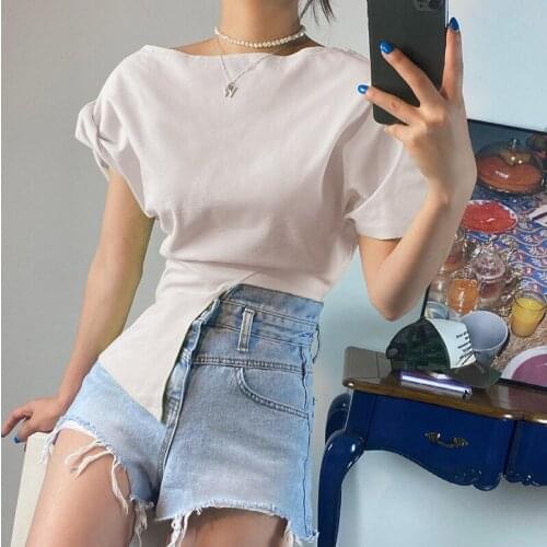 Summer Stylish Irregular Crop Tops Daily Wild Casual Solid Color Short Sleeve Round Neck Slim Fit Harajuku T-Shirt Ladies