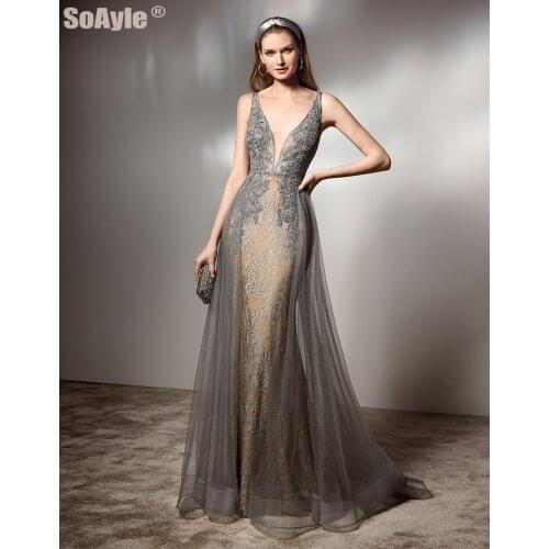 Graceful Gray Lace Evening Dress for Women Deep V Neck Sleeveless Mermaid Prom Party Gown Beaded Formal Dress Plus Size SoAyle