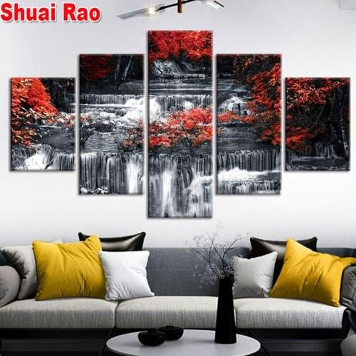 5 Pieces Waterfall Red Tree Diamond Painting Full Diamond Embroidery Mosaic Pattern Rhinestones Cross Stitch landscape Wall art