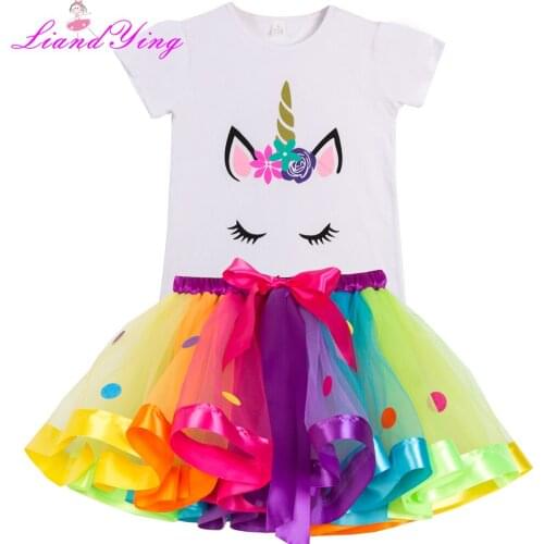 Girl Clothing Sets Polka Dot Rainbow Tulle Kids Sets 2 pcs White Cartoon T-shirt Ladybug Unicorn Tutu Sets