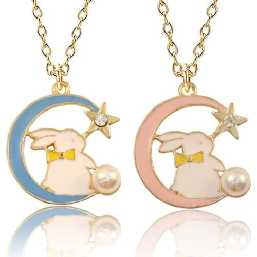 Hot Selling Cartoon Moon Animal Rabbit Necklace Rhinestone Inlaid Alloy Pendant Lady Charm Jewelry Birthday Gift 2021