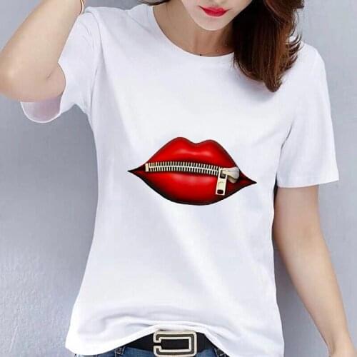 Fashion Womens Casual Sequins Red Lip T-Shirt Cotton Short Sleeve Tops T-Shirts Vintage Creativity zipper Lips T-Shirt