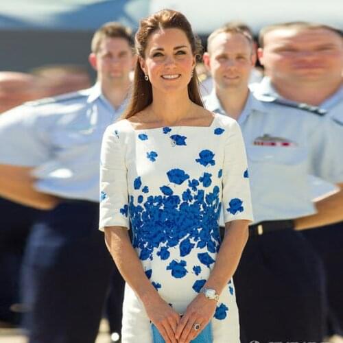 Kate Middleton Plus Size High Quality New Fashion Elegant Office Lady Workplace Blue Printting Dress