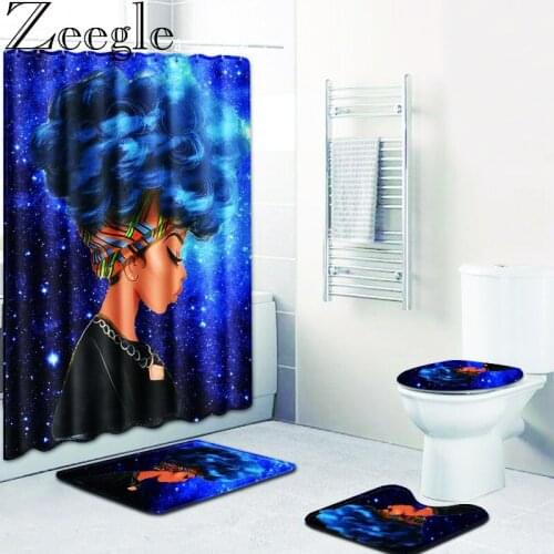 Fashion African Woman Pattern Bath Mat Polyester Shower Curtain Set Non Slip Rug Carpet for Bathroom Toilet Flannel Bath Mat Set