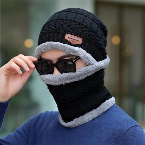 Men Winter Hat And Scarf Man Warm Knitted Plush Hat 2 Pcs Set 2019 Male Solid Beanies Cap With Ring Scarves Adult Accessorie