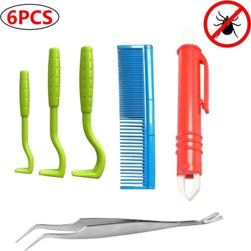 6PCS Tick Remover Tool Set Tick Hook Stainless Steel Double Head Clamp High Quality Tick Tongs For Dogs Cats Flea Comb