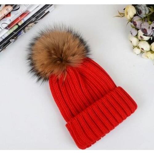 56856 Autumn & Winter thickened Real raccoons Fur ball knitting cap female wool hats Parent-Children Skullies & Beanies