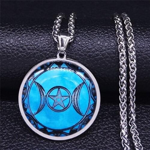 Witchcraft Pentagram Moon Stainless Steel Necklace Women Silver Color Pendants Necklaces Jewelry joyeria acero inoxidable NXS03