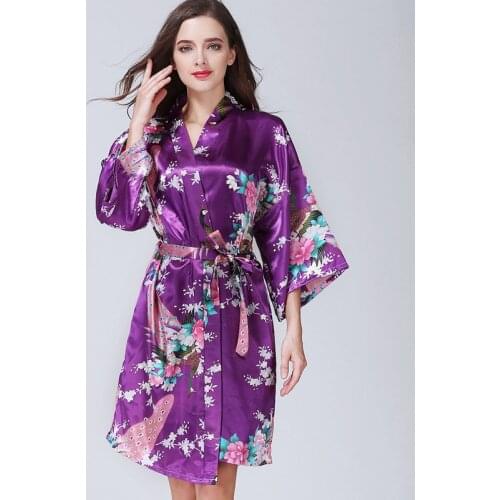 Sexy Women Wedding Bride Robe Rayon Robe Bathrobe Silky Ladies Home Clothes Peacock Printing Bathrobe Japanese Kimono Gowns