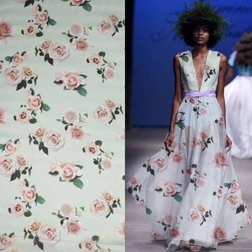 Digital printing dark pink rose design silk organza silk fabric 14momme,SOZ115