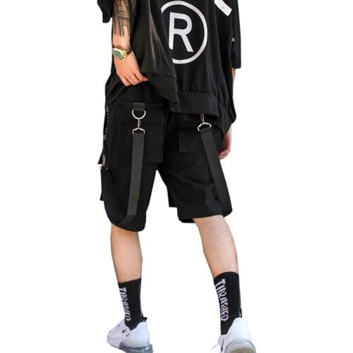 2019 Summer Style Hip Hop Mens Black Ribbons Streetwear Bermuda Zipper Pockets Cotton Shorts Knee Length SweatPants ABZ388