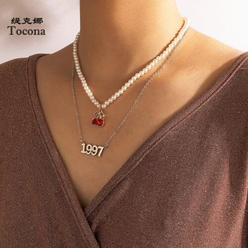 Tocona Luxury Pearl Stone Beaded Necklace for Women 1997 Letter Cute Cherry Rhinestone Chain Choker Jewelry Gift Collar 17964