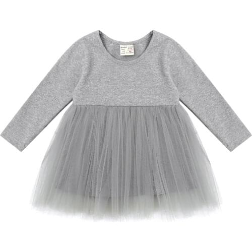 Spring Autumn Dresses For Girls Sheer Color Cotton Round Neck Long Sleeve Infant Baby Girl Clothes Splice Mesh Princess Dress