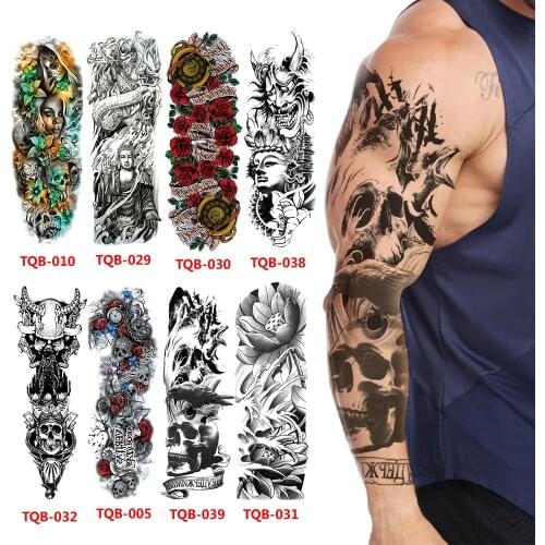 Waterproof Temporary Tattoo Sticker Death Skull Flowers Body Art Realistic Full Arm Tattoo Large Size Sleeve Fake Flash Tattoos