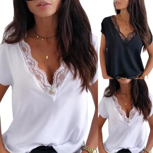 Women Blouses Sexy Solid Color Lace Patchwork Deep V Neck Short Sleeve Blouse Shirt Top Summer Female Tops топ женский 2021