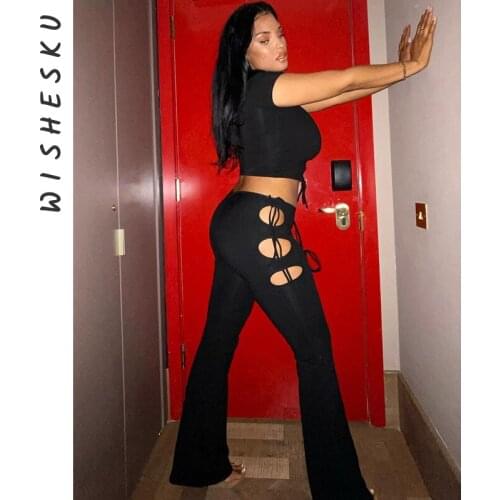 Y2k High Waist Flare Pants E Girl Style Sexy Strechy Trousers Women Lace Up V Waist Hollow Out Harajuku Black Bottoms