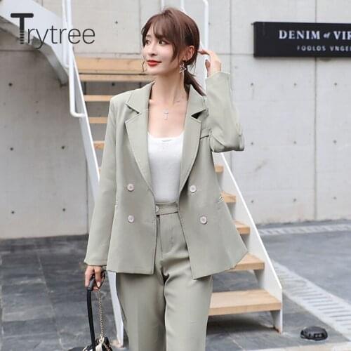 Trytree 2020 Autumn Winter Two piece set Casual Turn-down Collar Double Breasted Top + Pant Button Office Lady Suit 2 Piece Set