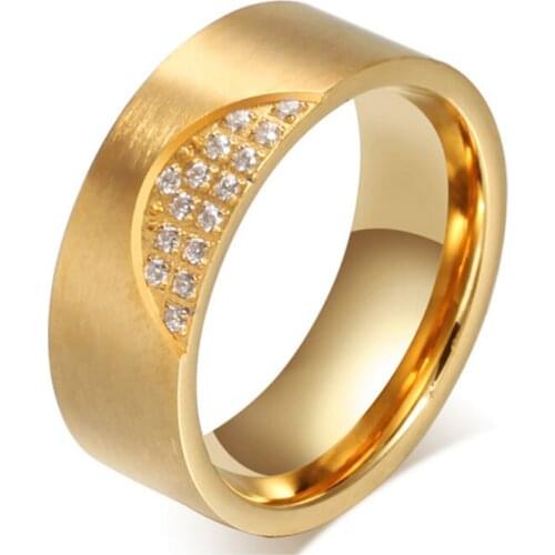 Gold Color Stainless Steel Clear CZ Zircon Channel Setting Wedding Engagement Ring for Women