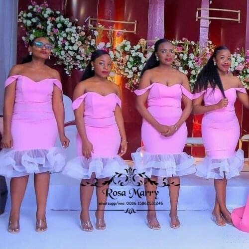 Off Shoulder Pink Mermaid Bridesmaids Dresses Plus Size Ruffles Cheap Country Beach Nigeria Maid of Honors Wedding Guest Gowns