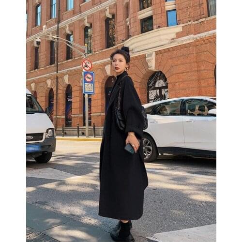 2012 Korea Women Spring Autumn Black Loose Long Wool Coat Jacket Belt Woolen Overcoat Split Hem Cardigan Outerwear 2XL