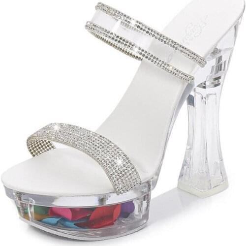 Women Sandals 14.5CM Thin High Heels Summer Brand Woman Pumps Sequined Cloth Open Toed waterproof platform party shoes for woman