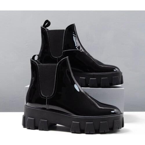 Platform Boots Women Casual Bota Feminina Patent Leather Botas Mujer Slip on Motorcycle Ankle Boots Thick Sole Botines Mujer