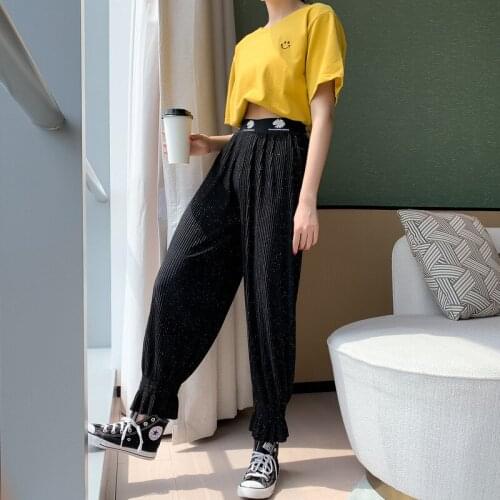 ZADORIN 2020 Summer New Casual Bling Bling Ruched Pants Women High Waist Soft Loose Wide Harem Pants trousers women pantalon