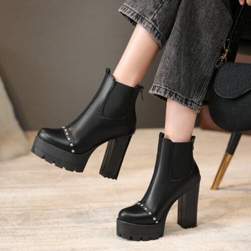 Black Matte Women Shoes Fashion Rivets Lady Platform Thick High-Heeled Knight Boots Ladies Round Toe Side Zipper Ankle Boots