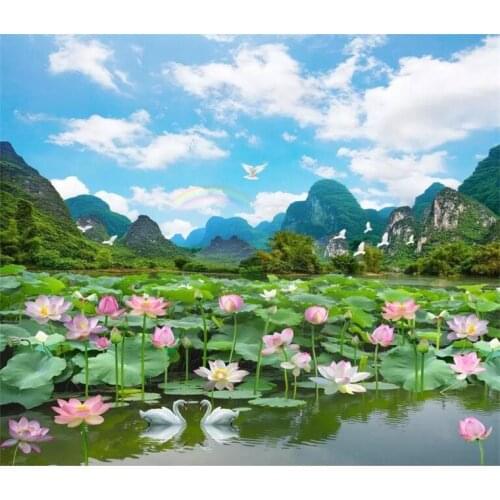 Custom Photo Wallpaper Lotus Pond Swan Lake Nature Landscape Large Murals Papel De Parede 3D Living Room Decoration Wall Mural