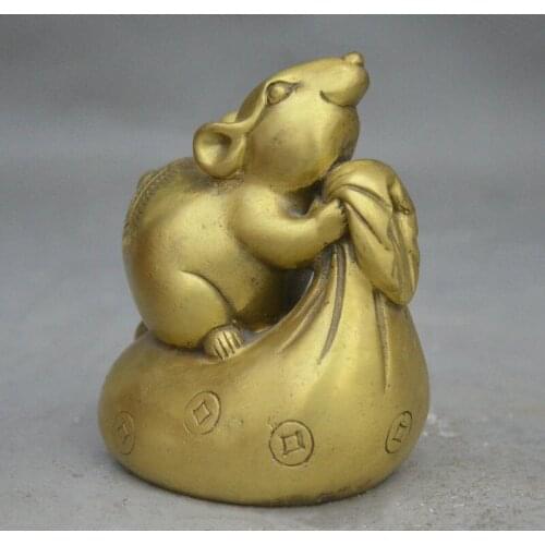 Chinese Feng shui Brass Wealth Moneybag Zodiac Mouse Animal Statue Figurine