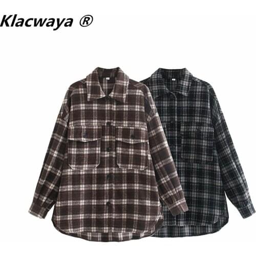 Klacwaya 2021 Women Fashion Plaid Brushed Shirt Jacket Vintage TurnDown Collar Long Sleeve Female Autumn Streetwears Casual Coat