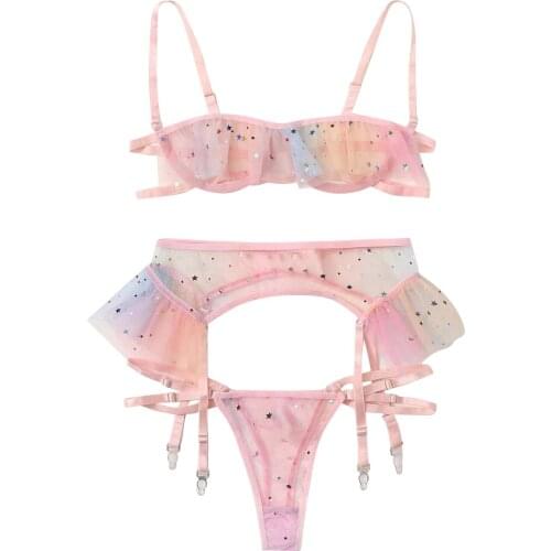 Colorful Printed Star Moon Embroidery Bra Thong Garter Lingerie Set Perspective Breathable Women Bodysuit Erotic Underwear
