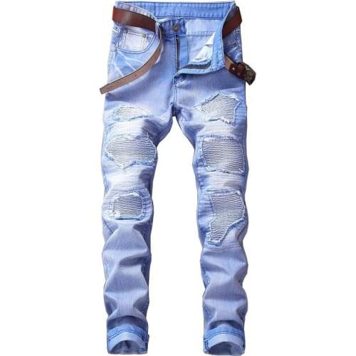 Hip hop Men Jeans Casual distressed Mens Slim Jeans Denim motorcycle pants Brand Biker jeans skinny rock ripped jeans homme