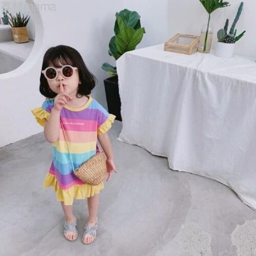 Princess Girls Party Rainbow Colorful Kids Girl Dresses Sweet Summer Stripe Outfit Hooded Split Dress Clothes