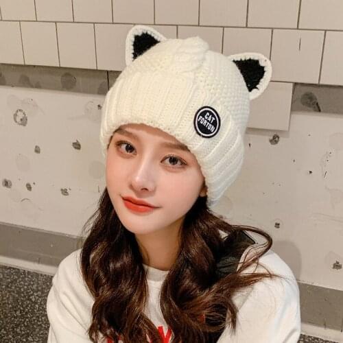 Autumn and Winter New Double Layer Plus Thick Knitted Hat Female Cute Cartoon Cat Ear Protection Wool Hat Korean Style