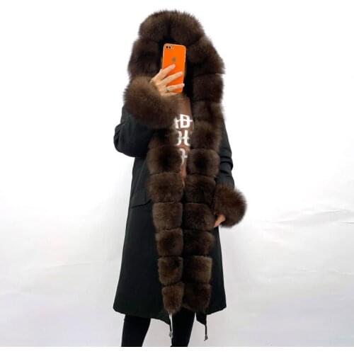 Womens Winter Warm Fox Fur Parkas Long Coat Real Fox Fur Fur Collar Hooded Fur Coat Real Rabbit Fur Lining Winter Jacket