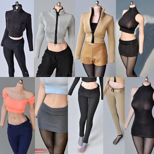 1/6 Scale Sexy Female Figure One-shoulder T-shirt Vest Stretch Zipper Tights Khaki Long Sleeve Top Leather shorts Pencil Trouser
