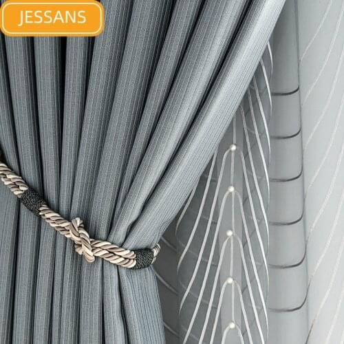 Nordic Gray Vertical Strip Cotton and Linen Curtains Blackout Curtains for Living Room Bedroom Finished Products Customization