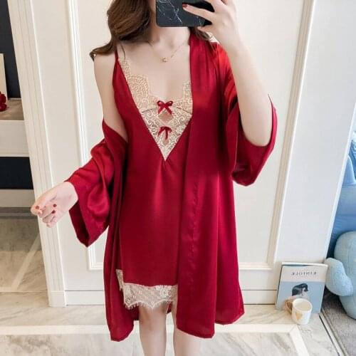 Spring and Autumn New Fashion Ladies Imitation Silk Sexy Sling Nightdress Nightgown Solid Color Two-piece Lace Sling Bathrobe